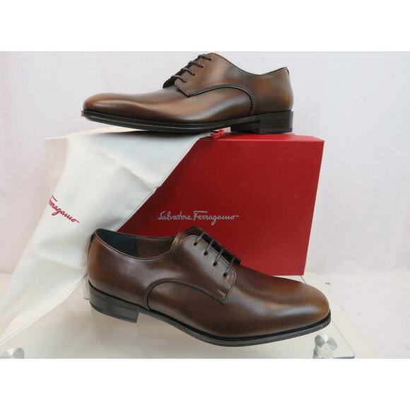 NIB FERRAGAMO DANIEL BURNISHED BROWN BROGUE LEATHER LACE UP DERBY OXFORDS 9.5 E main image 12